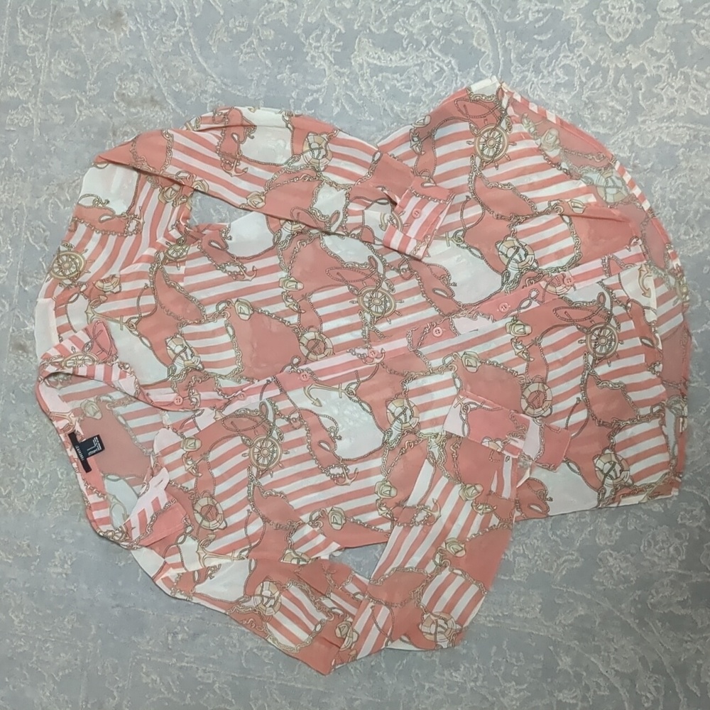Forever21 Peach/Gold Nautical Print Sheer Button Down